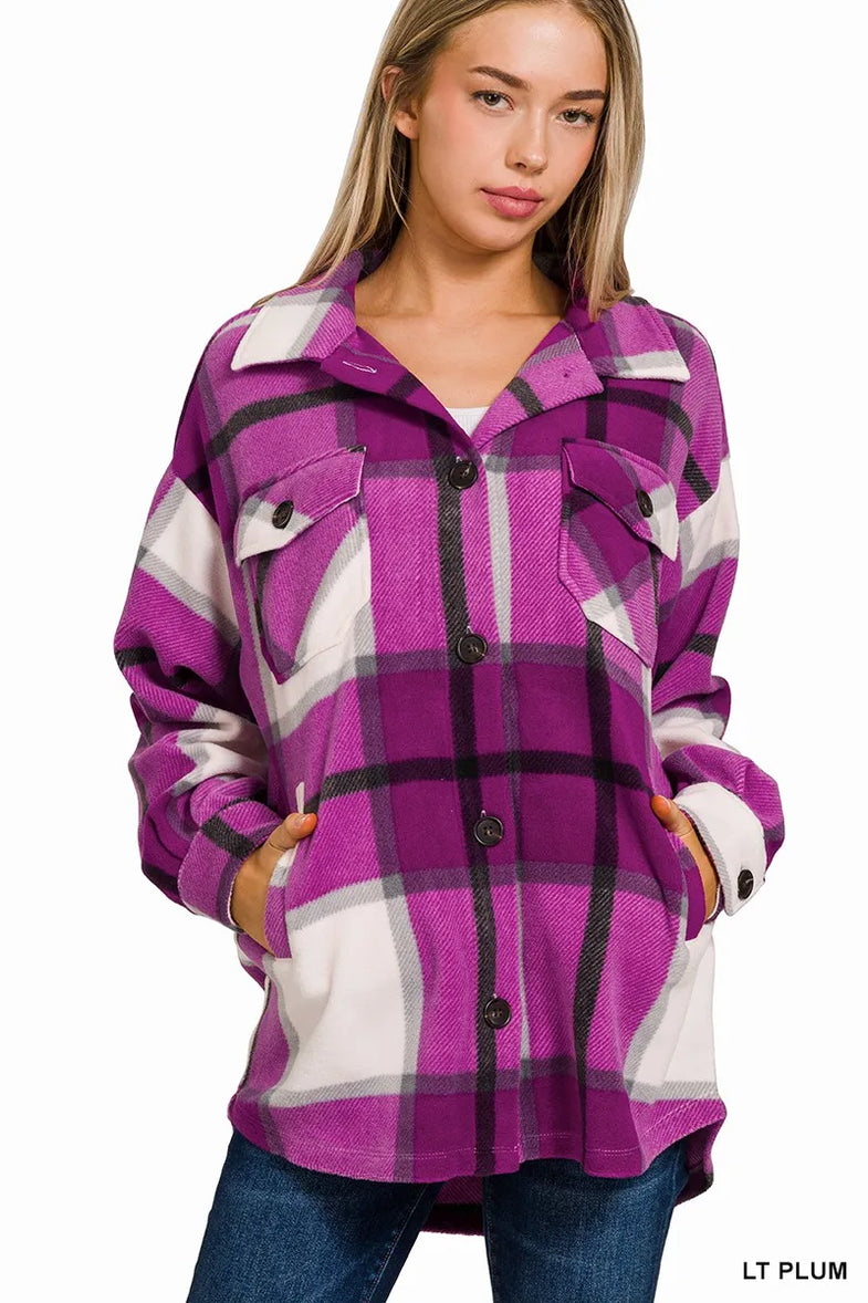 Zenana Oversized Plaid Fleece Shacket - SwagglyLife Home & Fashion